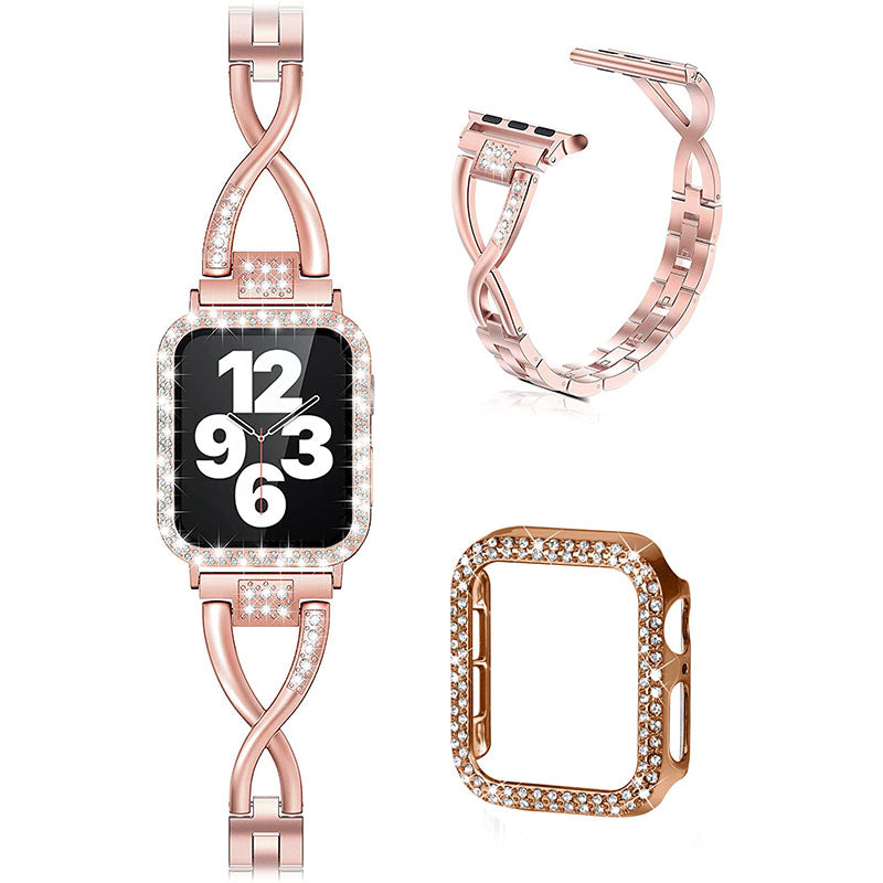 Protective Case Rhinestone Decorated X-shape Metal Watch Strap Scratch-proof Replacement for Apple Watch Series 6 5 4 SE 44mm SE (2022) 44mm Protective Case Rhinestone Decorated X-shape Metal Watch Strap Scratch-proof Replacement for Apple Watch Series 6 5 4 SE 44mm SE (2022) 44mm